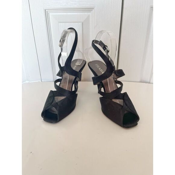 Prada Satin Open Peep Toe Strappy Cutouts Buckle Slingback Stiletto Pumps Heels - Picture 1 of 11